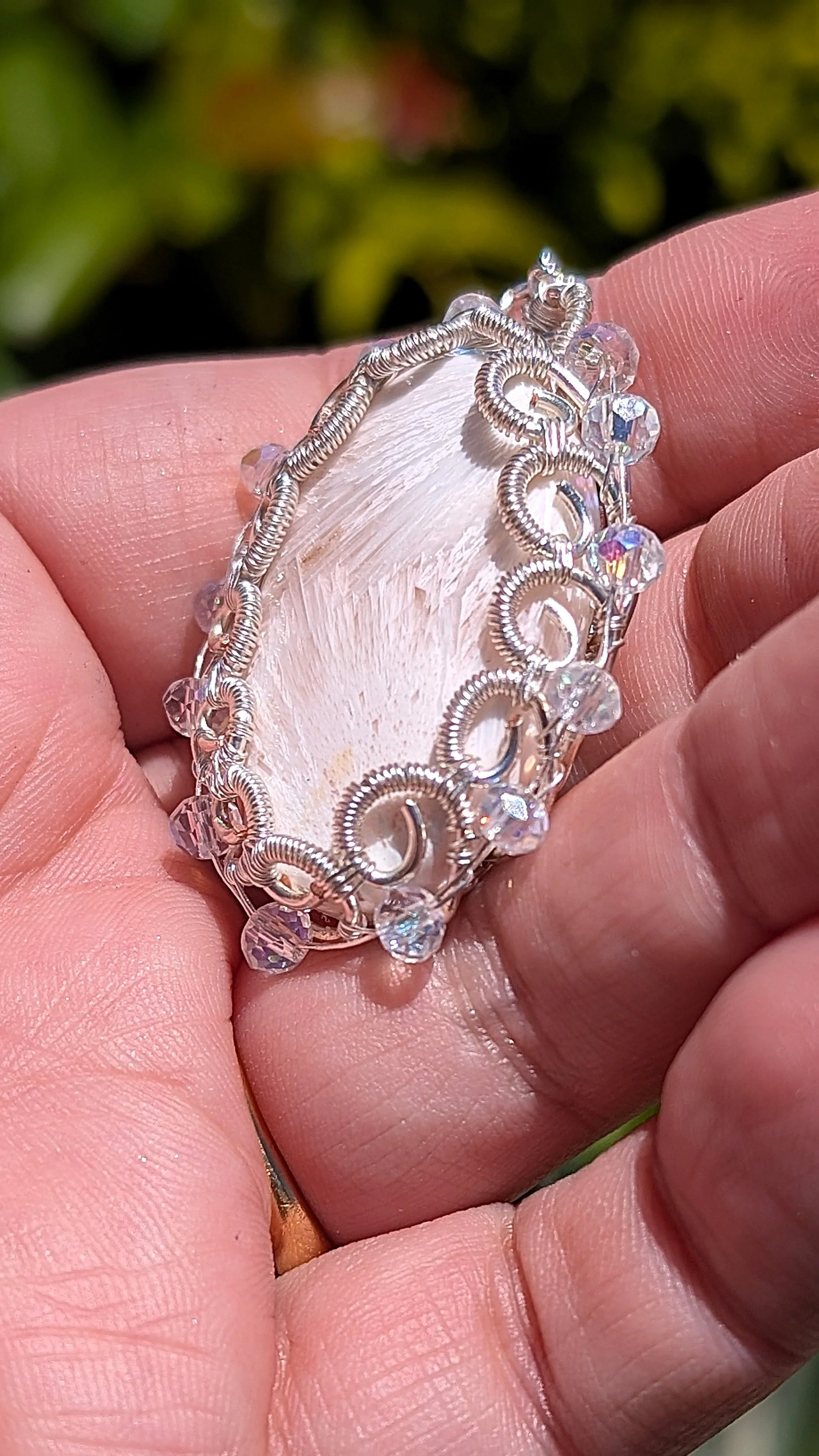 Pink Scolecite and Swarovski Bead Pendant Necklace