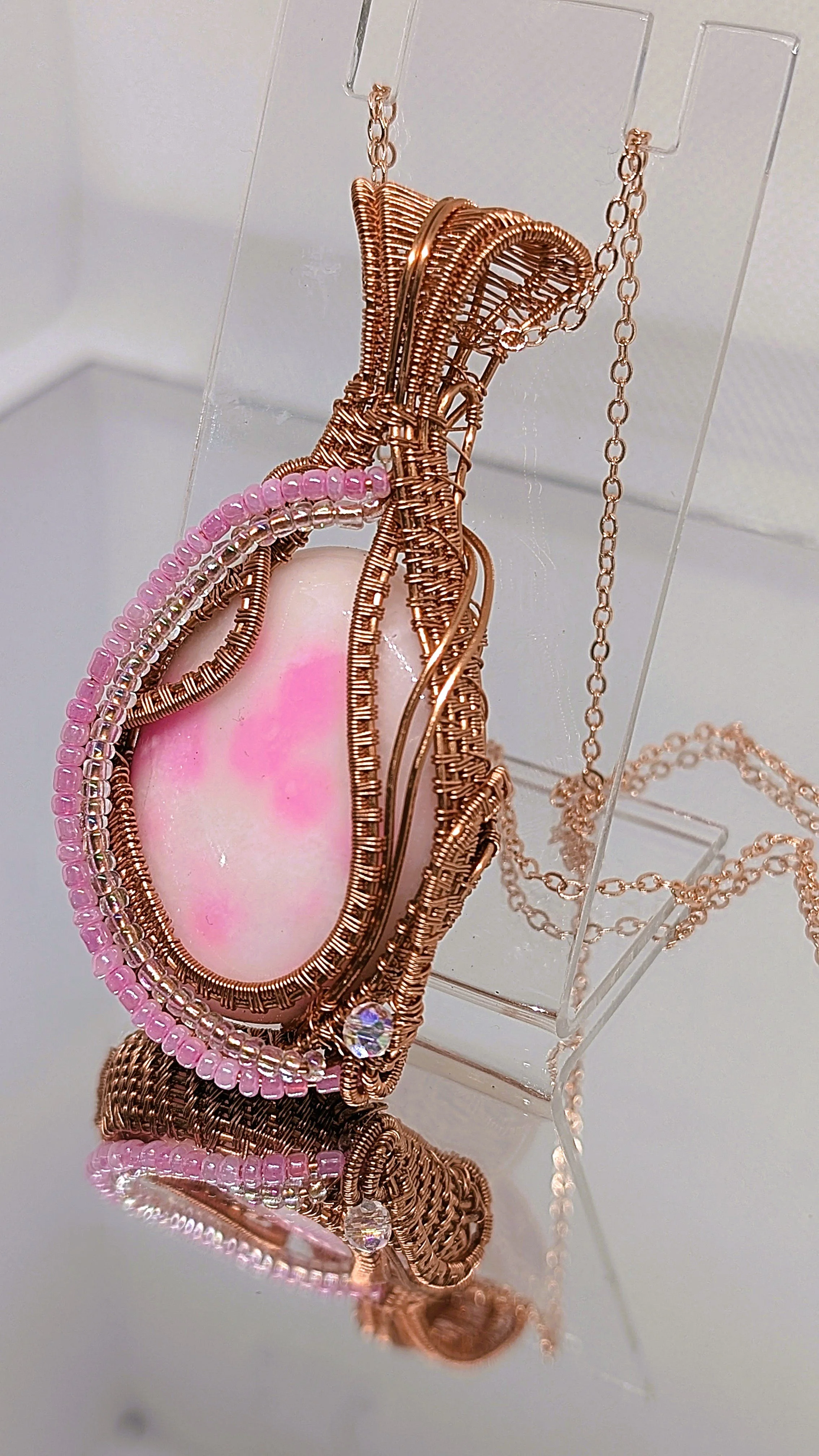 White Jade Pendant with Pink Dye and Seed Beads