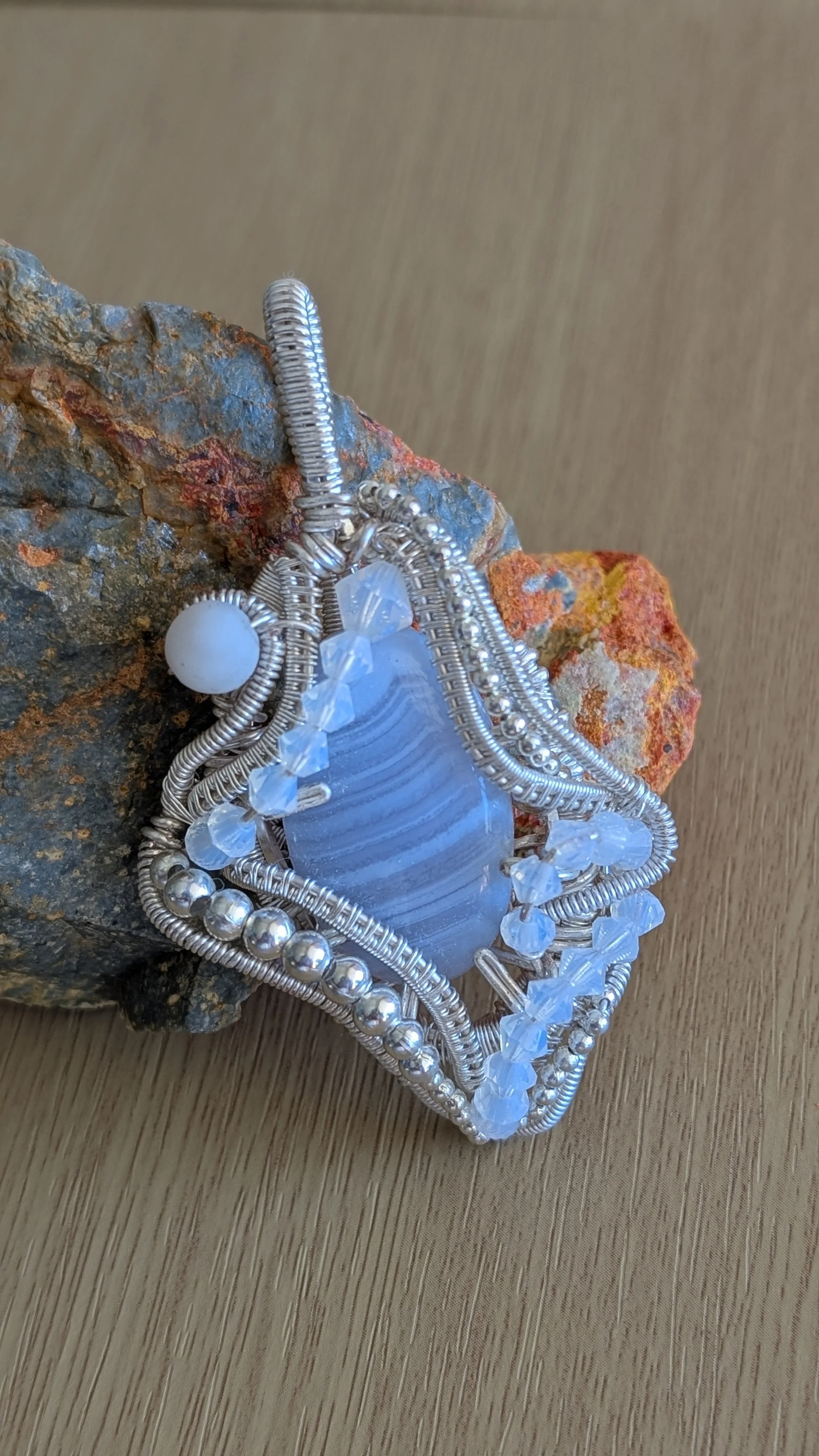 Blue Lace Agate, Crystal and Silver Pendant