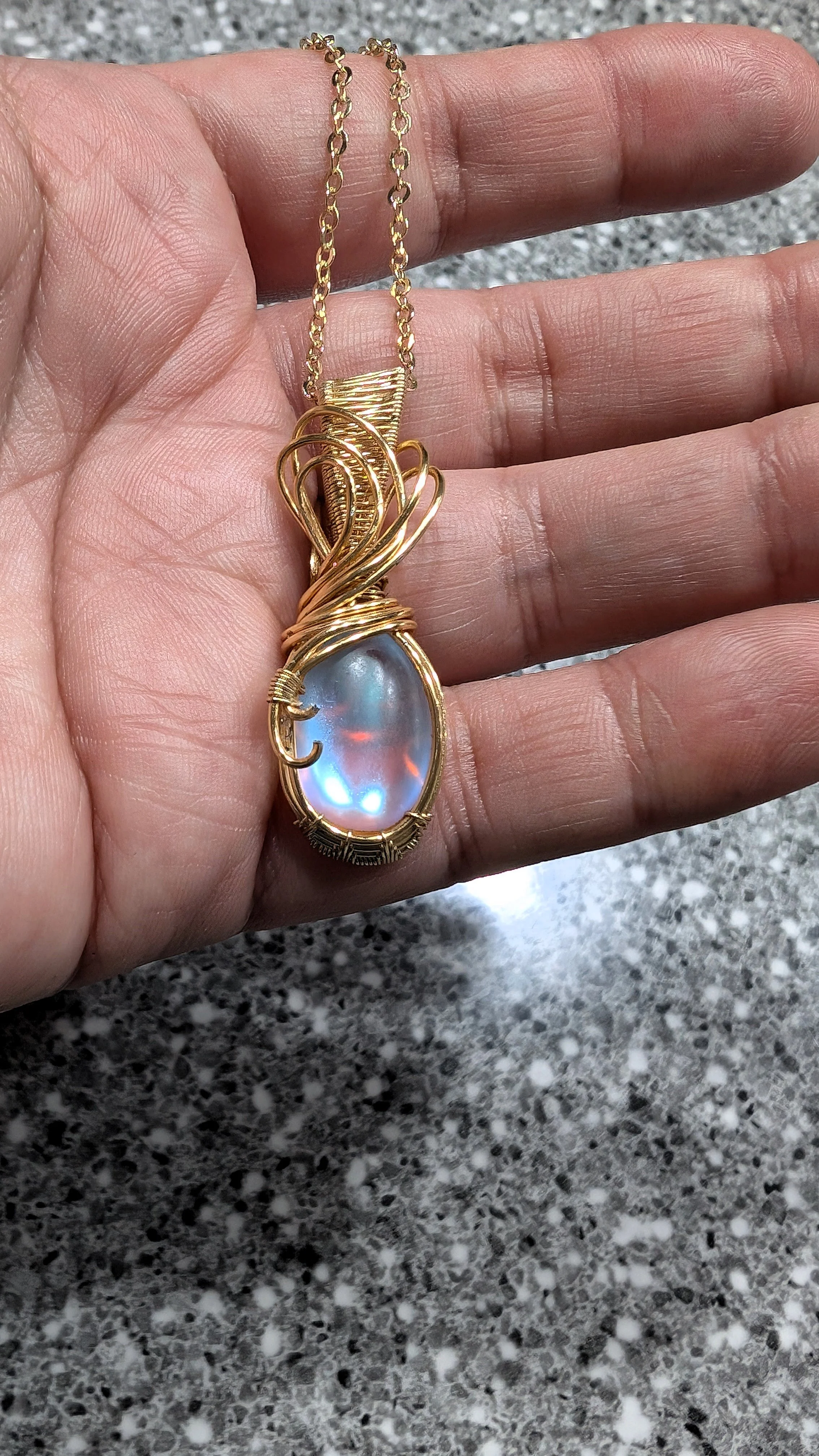 Glass Moonstone Cabachon Wire Wrap Pendant with Chain