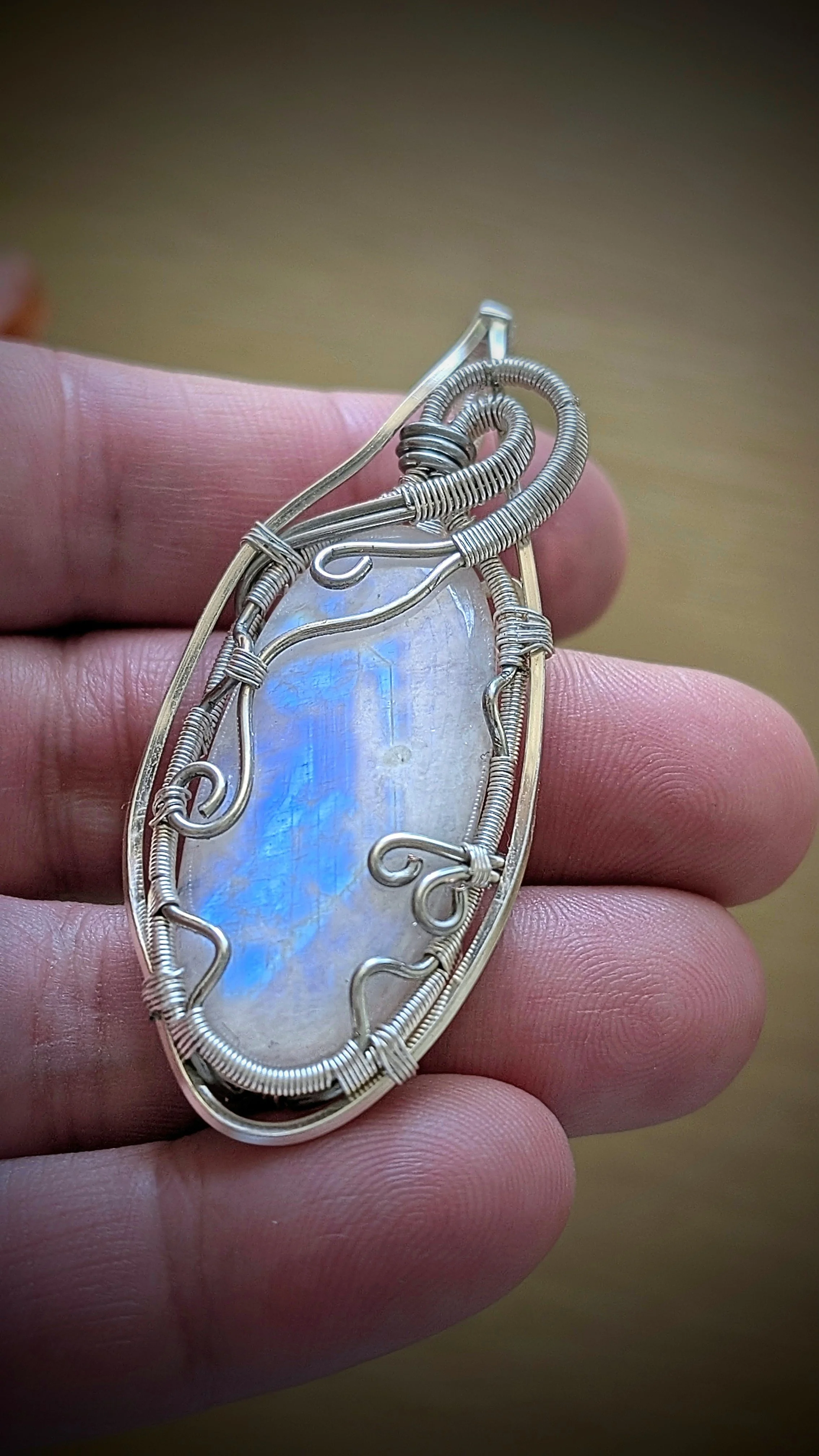 Moonstone Pendant with Silver Plated Copper Wire