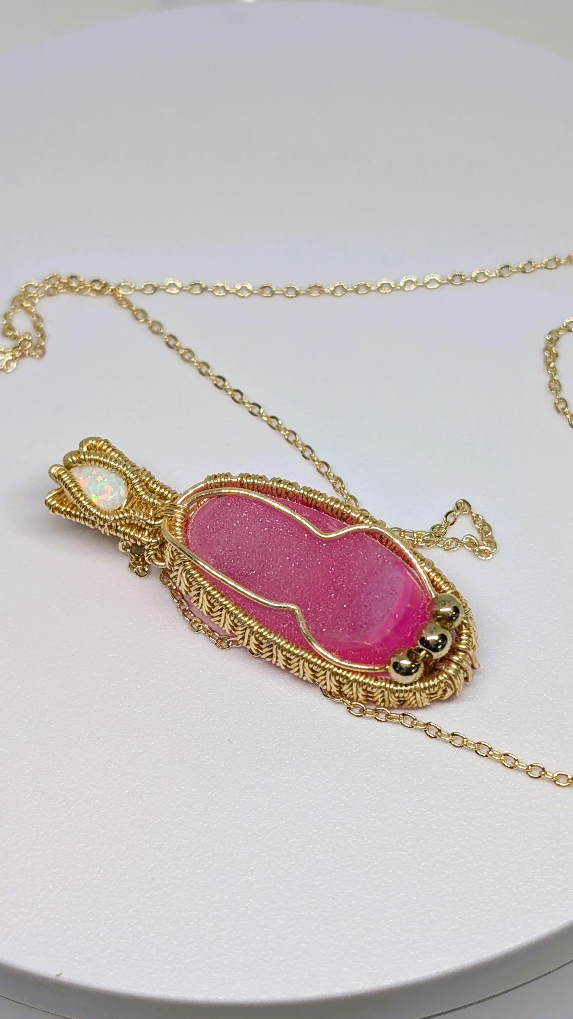 Pink Druzy Crystal and Ethiopian Opal Pendant