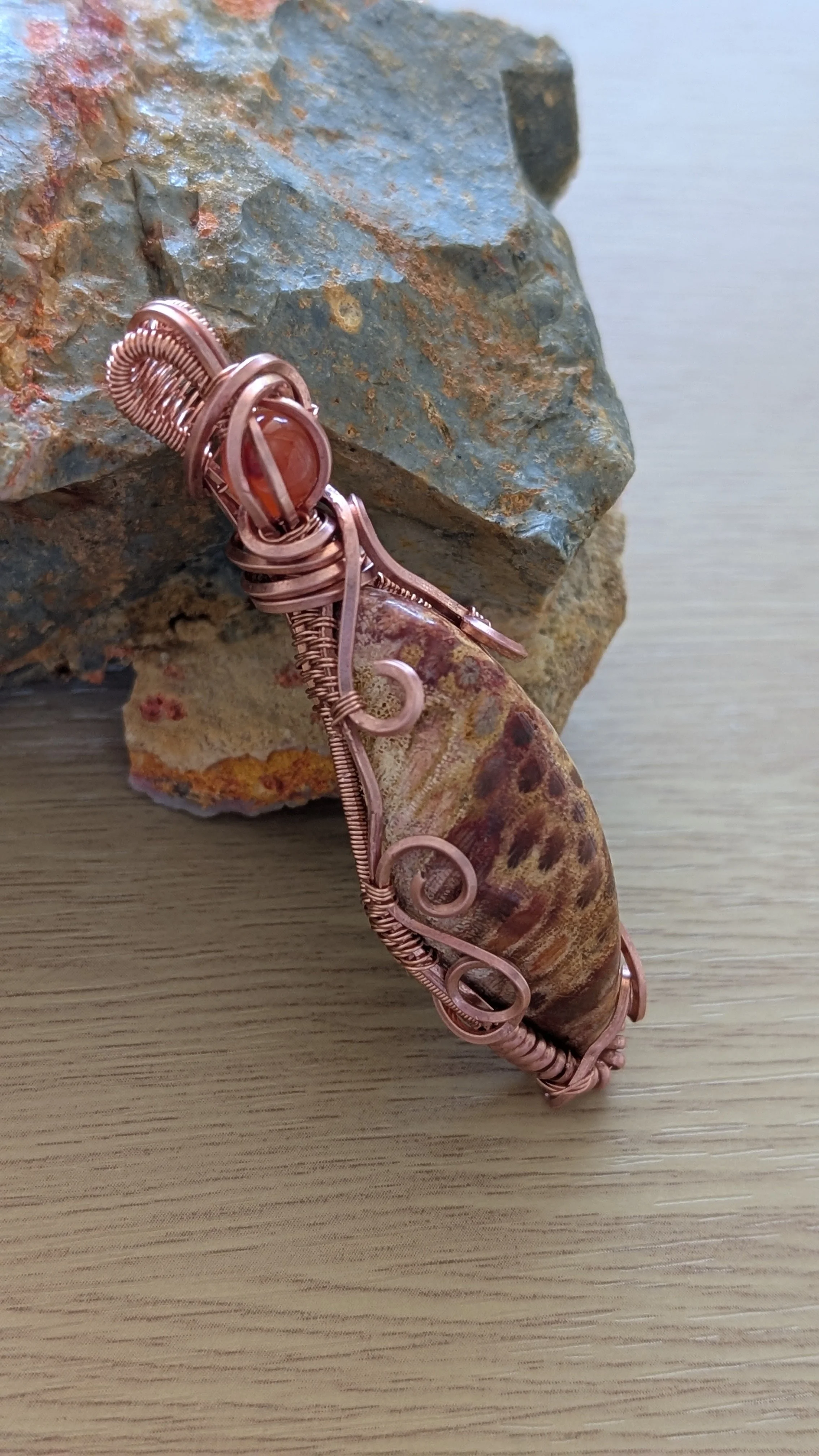 Fossilised Red Coral Pendant with Amber and Tarnish Resistant Copper Wire