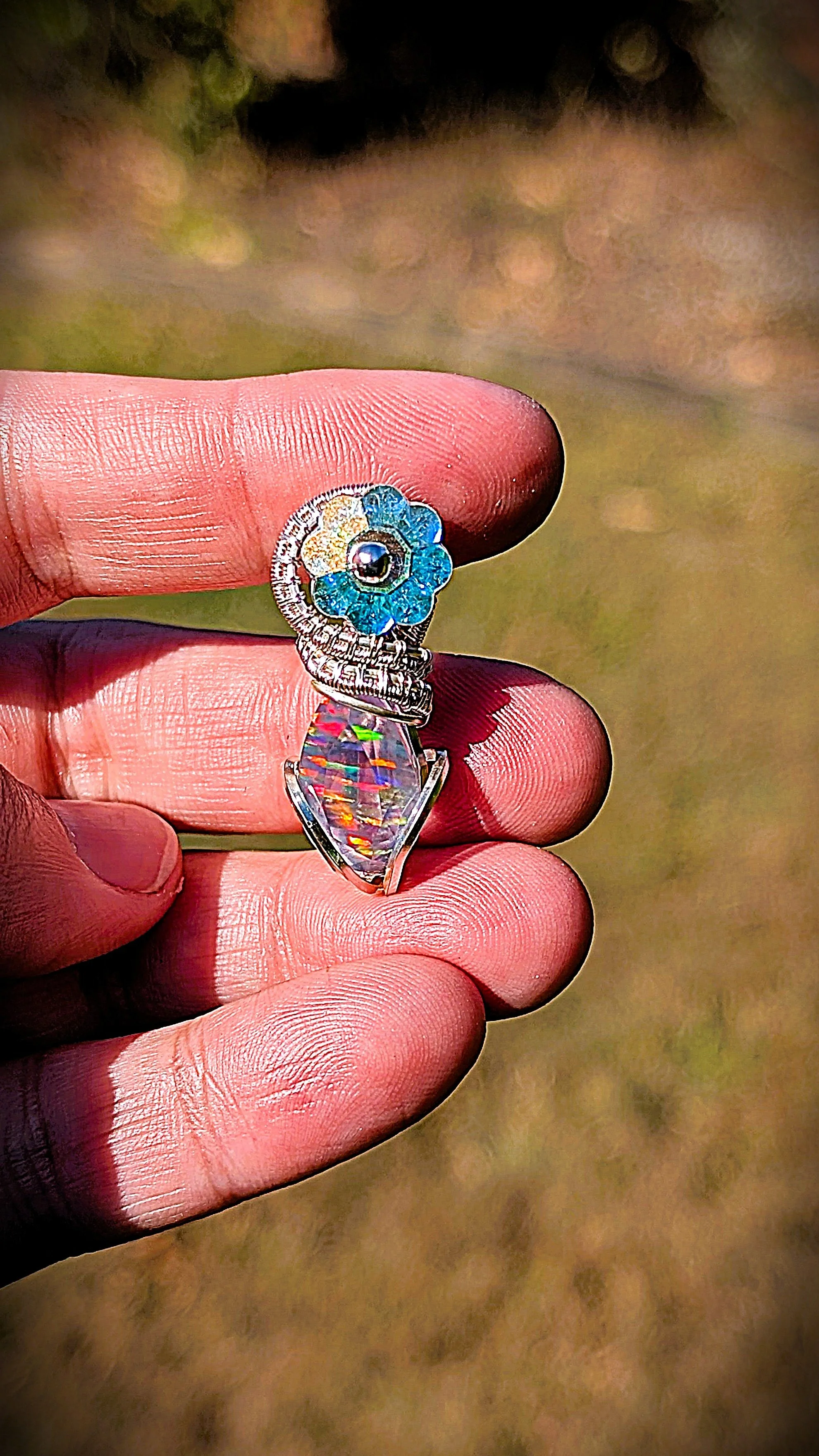 Aurora Fire Opal and Flower Crystal - Silver Plated Wire Pendant