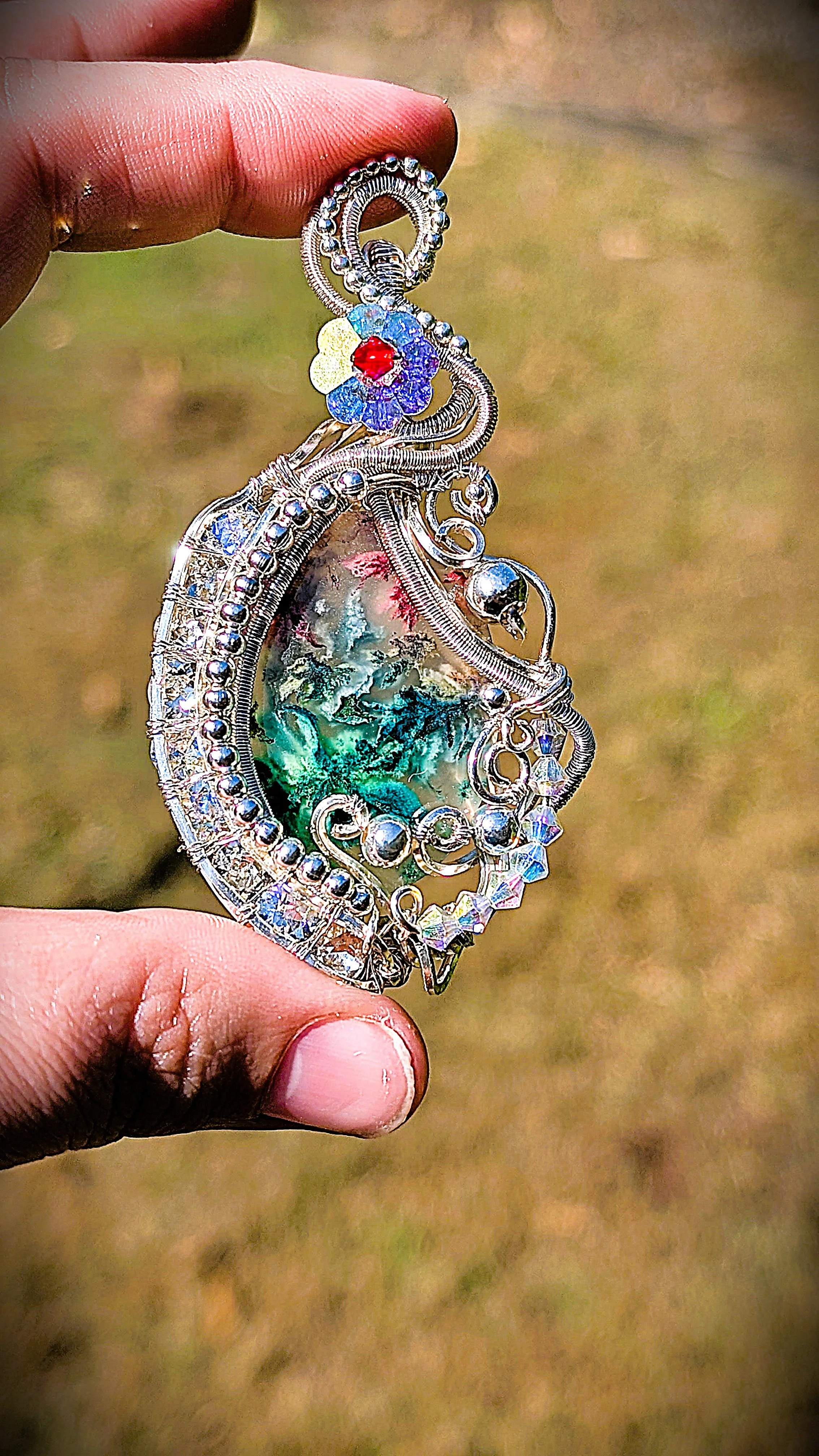 Dyed Moss Agate Pendant with Preciosa Crystals and Beads