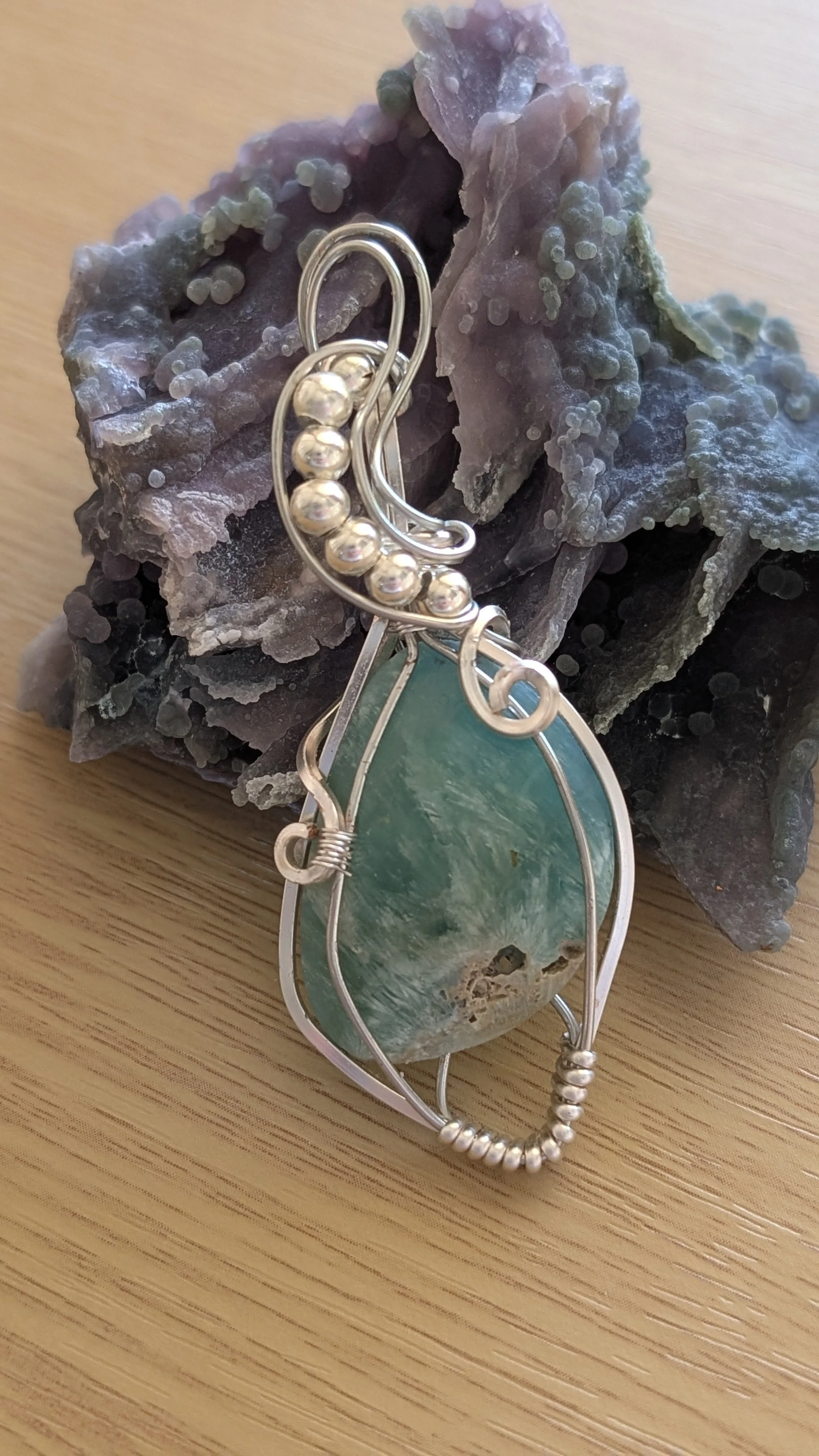 Handmade Pendant with Aragonite and Silver Plated Copper Wire