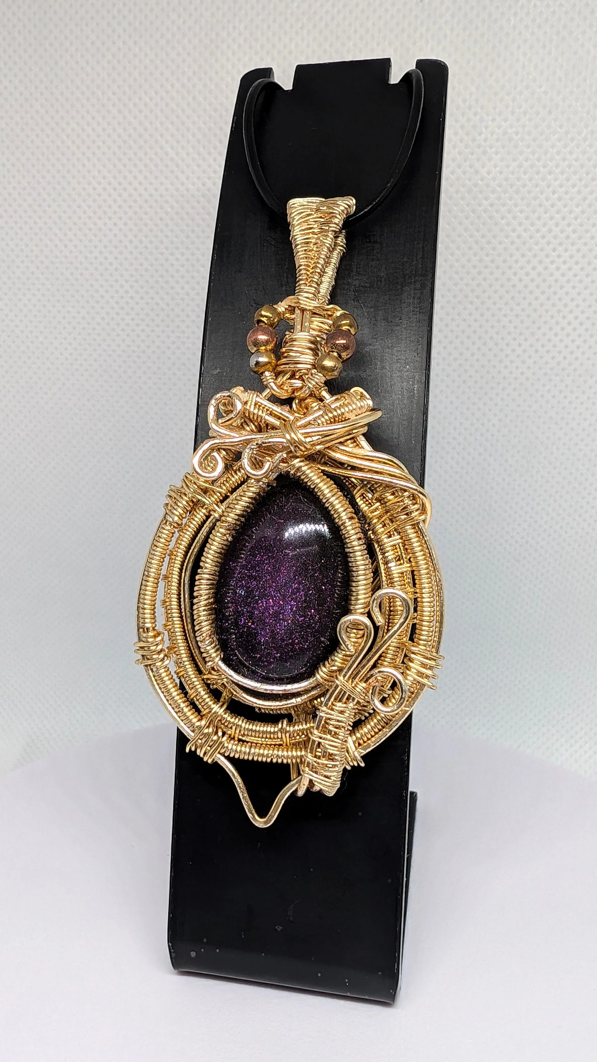Wire Wrapped Purple Glitter Pendant - 14K Gold-Plated Copper Wire