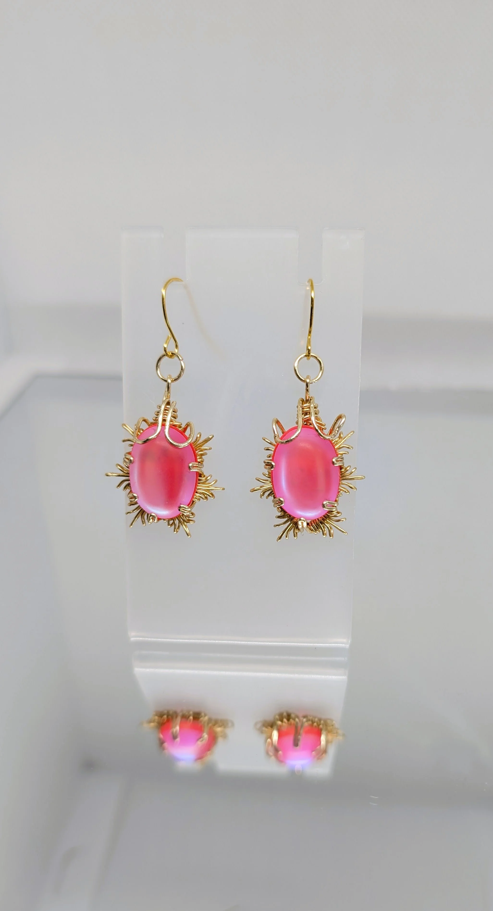 Wire Wrapped Ethereal Effect Moonstone Earrings - Pink Snowflake - Small and Large