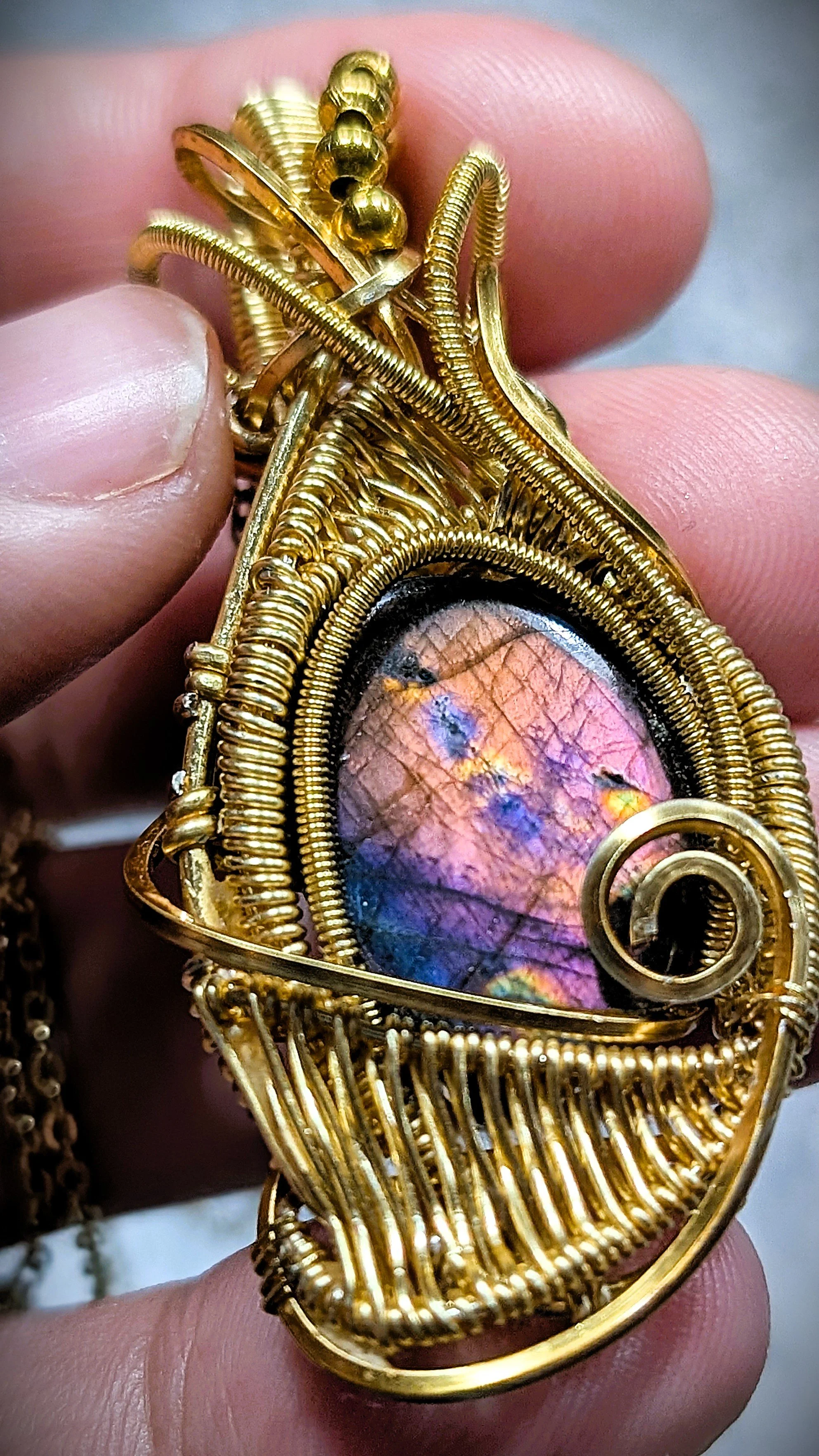 Rainbow Labradorite Pendant in Gold Plated Copper Wire