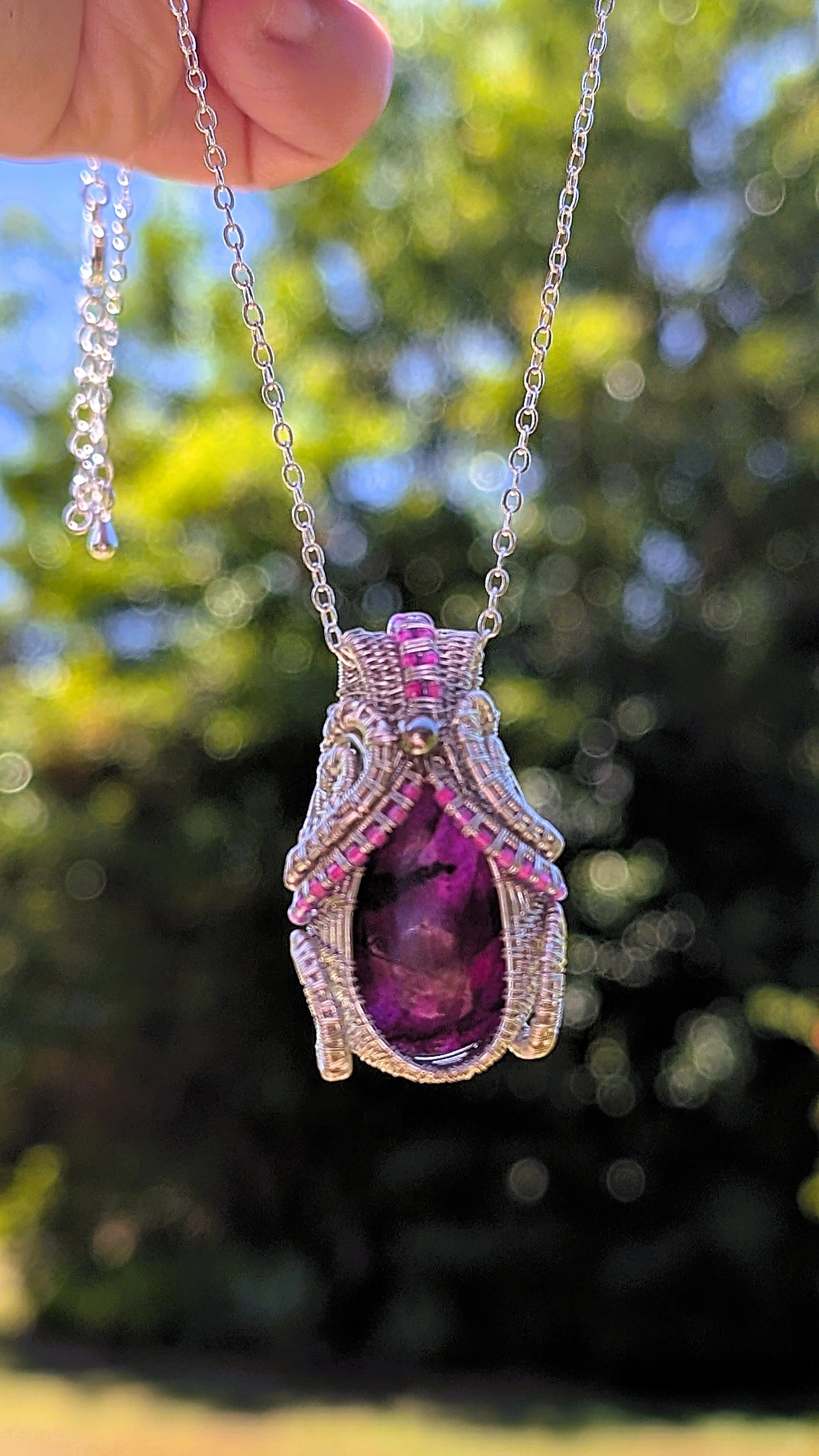 Purple Dyed Moonstone Pendant and Necklace - Handmade Wire Wrapped Jewellery