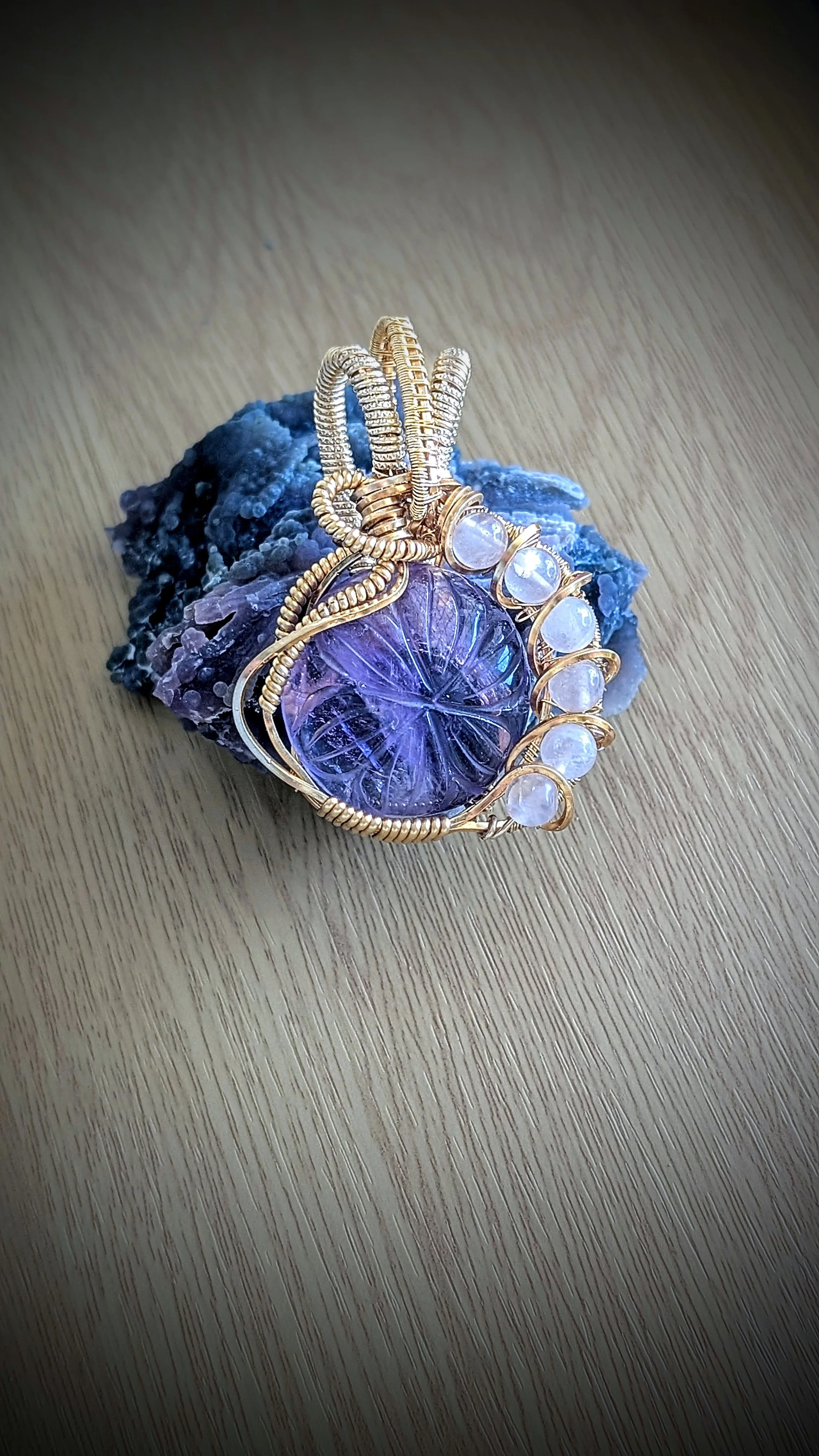 Amethyst Pendant with Rose Quartz Beads and Gold Plated Wire