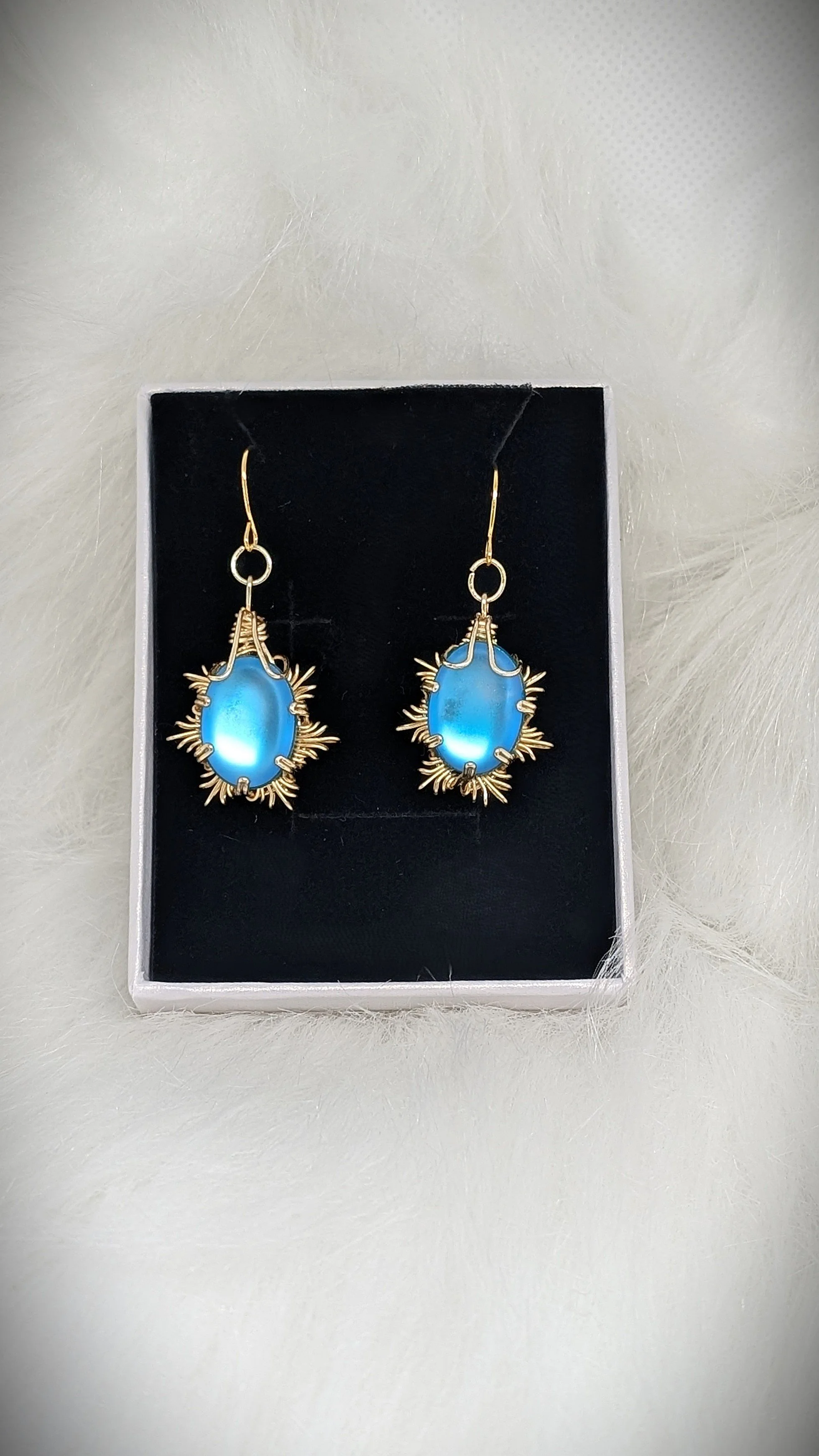Wire Wrapped Ethereal Effect Moonstone Earrings - Blue Snowflake